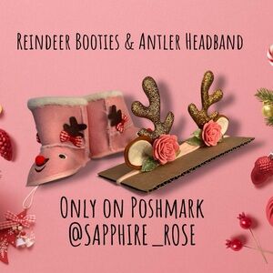 Reindeer Baby Girls Boots & Infant Floral Antler Headband Set Christmas Booties